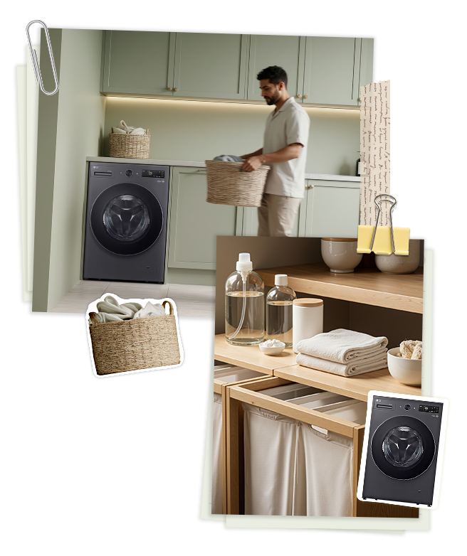 Una imagen estilo collage de un hombre yendo hacia la lavadora para preparar la ropa, junto con un primer plano de un canasto de ropa.	